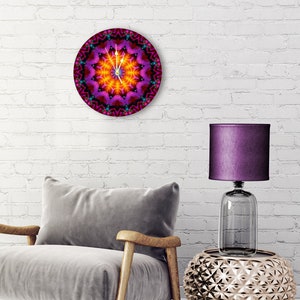 Mandala Designer Wood Art Clock, Artsy Home Decor, Colorful Wall Clock Violet Flame Mandala image 1
