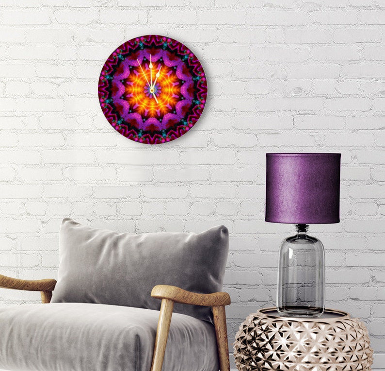 Mandala Designer Wood Art Clock, Artsy Home Decor, Colorful Wall Clock Violet Flame Mandala image 1