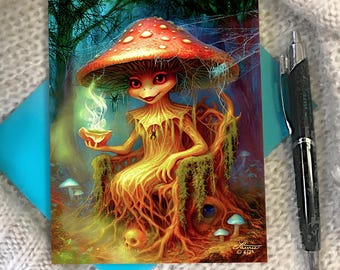 Spooky Mushroom Greeting Card - Toadstool Shroom Art by Primal Painter