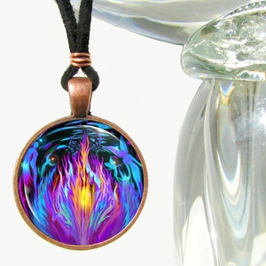 round antique copper necklace featuring a violet flame surrounded by fairies art print and sealed under a glass dome.