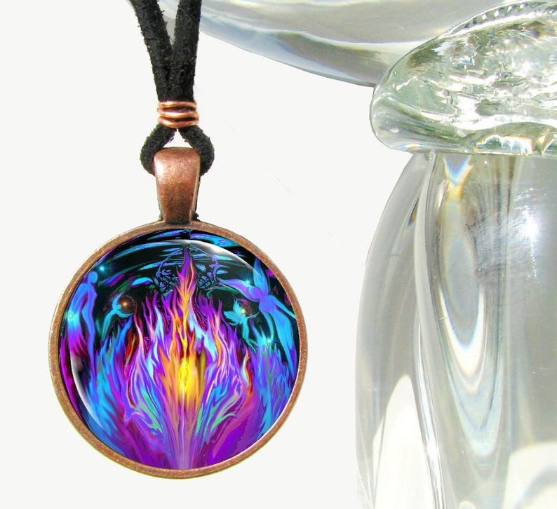 round antique copper necklace featuring a violet flame surrounded by fairies art print and sealed under a glass dome.