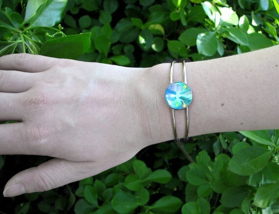Pastel Angel Art Bracelet, Reiki Energy Aqua Art, Silver Wire Cuff