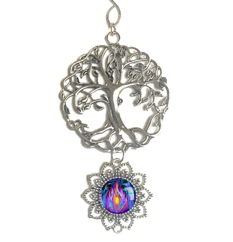 Tree of Life Pewter Ornament with Violet Flame Fairy Art Pendant, Meaningful Gift Transmutation image 2