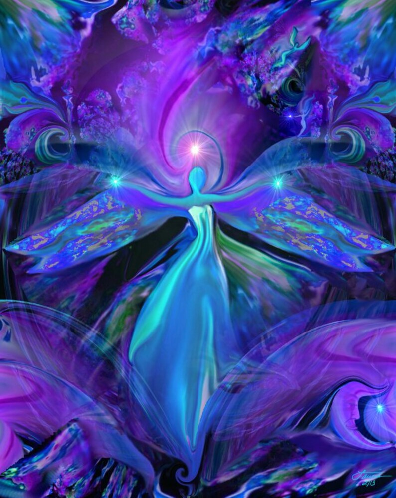 Dark purple, blue, and teal feminine angel with stars in her hands and a swirl over her head with tiny hidden angels scattered through the background. Visionary Art entitled "The Seer" and intended for opening the purple, third eye chakra