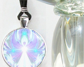 Crown Chakra Jewelry, Violet White Necklace, Glowing Pendant "On the Wings of Angels"