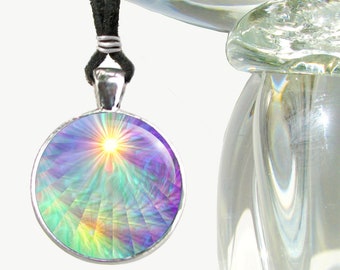 Chakra Art Pendant, Swirling Pastel Rays, Round Necklace, Metaphysical Jewelry, Aura Swirl