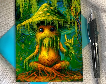 Rock Star Mushroom Greeting Card - Mossy Swamp Shroom, Funky Forest Art by Primal Painter