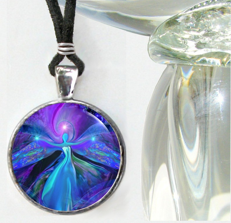 round purple and blue angel necklace featuring original fairy art print with outstretched arms and sealed under glass