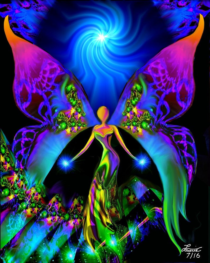 Psychedelic Visionary Art Print, Blue Swirl Lightworker Angel Spiritual Decor Breaking Free image 1