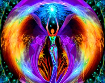 Visionary Art Print, Blue Rays Chakra Angel Wall Decor, Rainbow Reiki Energy Art - "Embrace Light"