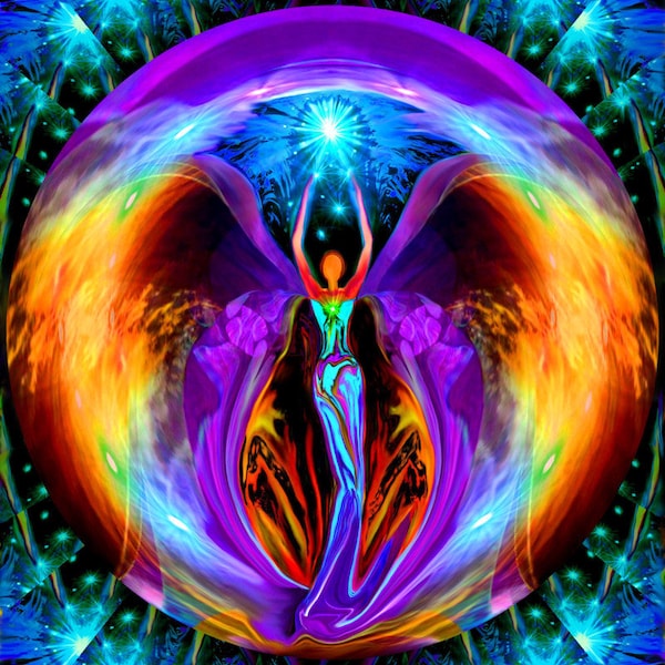 Visionary Art Print, Blue Rays Chakra Angel Wall Decor, Rainbow Reiki Energy Art - "Embrace Light"