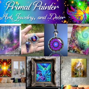 May include: A collage of artwork featuring colorful, abstract designs with a fairy theme. The artwork includes paintings, a shower curtain, a notebook, a pendant necklace, and a framed print. The text "Primal Painter Art, Jewelry, and Decor" is at the top of the image.