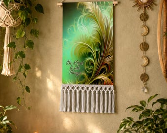 Inspirational Fringed Canvas Wall Hanging, Thoughtful Gift, Green  Feathered Foliage Artwork, Boho Decor