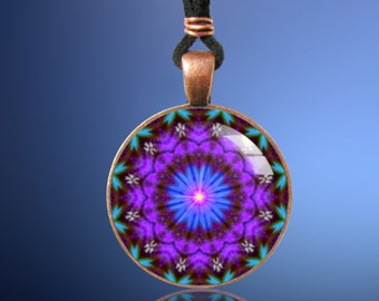 Purple Mandala Necklace, Third Eye Chakra Jewelry, Sacred Geometry Art Pendant - "Intuitive Heart"