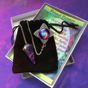 Amethyst Crystal Pendulum with Metaphysical Chakra Art Pendant by Primal Painter called Chakra Swirl image 6