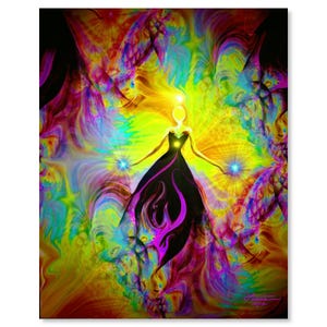 May include: Abstract painting of a woman in a black dress with a purple and pink design. The woman is surrounded by a colorful background of yellow, orange, green, blue, and purple.