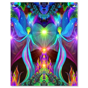 May include: Two colorful, ethereal figures with wings stand facing each other, holding hands in front of a large, glowing green heart. The figures are surrounded by bright lights and flames, creating a vibrant and mystical scene.