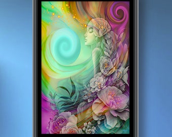 Rainbow Goddess Art Print, Hippie Psychedelic Artwork with Symbolism - "Flower Child