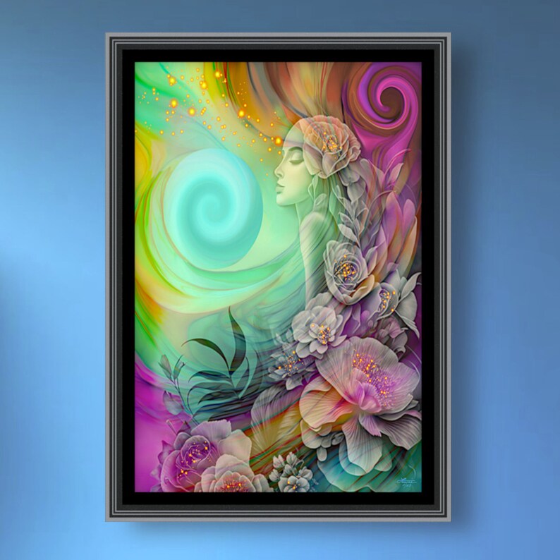 Rainbow Goddess Art Print, Hippie Psychedelic Artwork with Symbolism Flower Child image 1