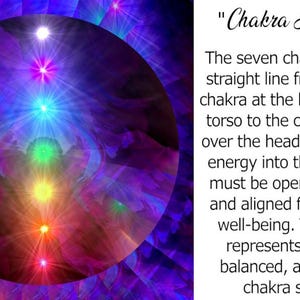 May include: A circular graphic featuring seven glowing, vertically aligned points of light in red, orange, yellow, green, blue, indigo, and violet colors against a dark purple background. The text reads: "Chakra Healing" followed by a paragraph explaining the seven chakras and their alignment for well-being.
