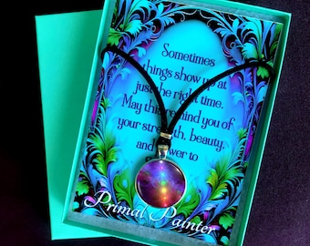 Seven Chakras Necklace Gift Set, Wearable Art Pendant, Matching Greeting Card, Gift Box