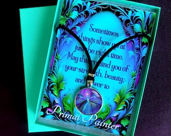Angel Art Necklace Gift Set,  Purple Third Eye Pendant, Matching Greeting Card, Gift Box