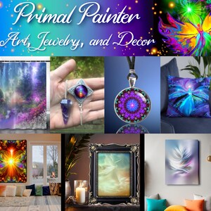 May include: A collage of colorful artwork, jewelry, and home decor featuring abstract designs with a spiritual theme. The artwork includes a shower curtain, framed prints, and a canvas print. The jewelry includes a pendant necklace and a crystal pendulum. The home decor includes a throw pillow and a framed print.