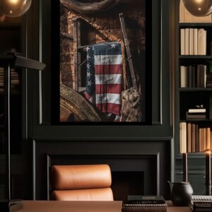 Satin Poster, American Flag Western Ranch Artwork, Patriotic Wall Decor, USA Flag Cowboy Poster, Western Theme Home Decoration, 4th of July