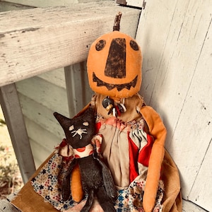 Primitive Pumpkin Jack-o-lantern Doll & Black Cat Sewing Pattern for Halloween (PDF Download)