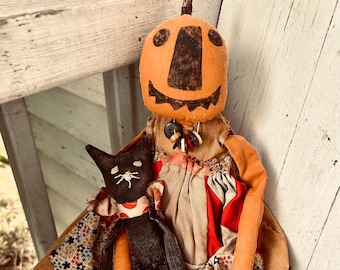 ハロウィン用の素朴なカボチャのジャック・オー・ランタン人形と黒猫の型紙（PDFダウンロード）