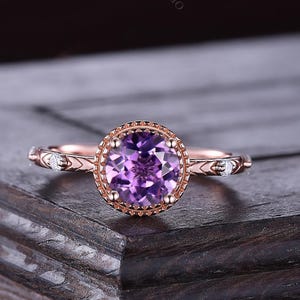Vintage Round Cut Amethyst Bridal Engagement Ring Rose Gold Women Ring Unique Moissanite Ring Anniversary Gift Handmade Jewelry Ring for Her