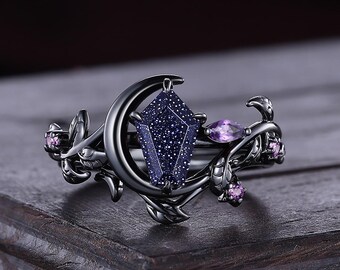 Gothic Ring Unique Coffin Cut Blue Sandstone Engagement Ring Set Galaxy Sandstone Crescent Moon Leaf Inspired Women Ring Personalized Gifts