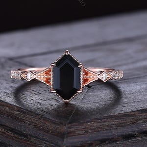 Antique Hexagon Cut Black Onyx Engagement Rings Retro Rose Gold Bridal Wedding Ring Unique Moissanite Ring Anniversary Promise Women Ring