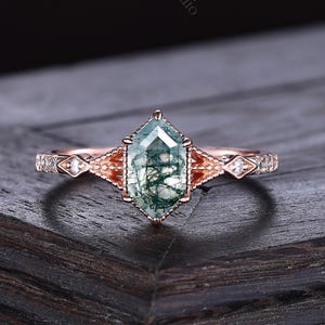 Retro Long Hexagon Cut Moss Agate Women Engagement Rings Rose Gold Bridal Wedding Ring Unique Moissanite Ring Anniversary Promise Ring Gifts