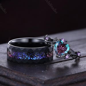Unique Heart Alexandrite Couple Ring Set 14K Black Gold His&Hers Matching Wedding Band Alexandrite Engagement Ring Anniversary Gifts Custom