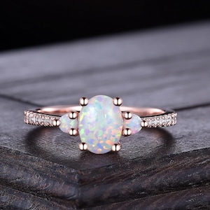 Vintage Oval Cut White Opal Engagement Ring Solid Rose Gold Bridal Wedding Ring Unique Moissanite Ring Anniversary Ring Gifts for Women