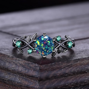 Vintage Hexagon Cut Black Fire Opal Ring Women Engagement Ring Opal Gemstone Ring Black Gold Leaf Branch Ring Handmade Jewelry Bridal Gifts