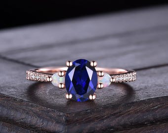 Oval Blue Sapphire Engagement Ring, White Opal Wedding Band,Vintage Style Women's Ring, 14k Rose Gold Promise Ring, Anniversary Gift for Her