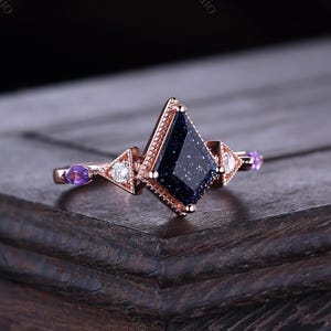 Vintage Kite Cut Blue Sandstone Ring Women Engagement Ring 14k Rose Gold Gothic Wedding Ring Handmade Jewelry Custom Ring Gifts for Her