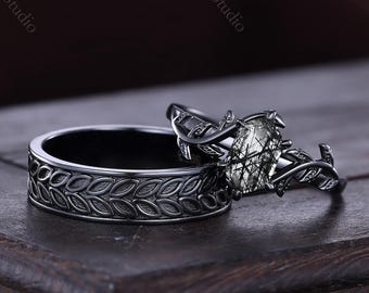 Vintage Black Rutilated Quartz Couple Rings 14K Black Gold His&Her Matching Wedding Rings Nature Inspired Leaf Design Ring Anniversary Gifts