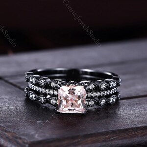 Princess Cut Morganite Ring Set, 3pc 14K Black Gold Gothic Bridal Stackable Ring, Moissanite Engagement Ring, Anniversary Gift for Her