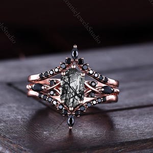 Hexagonal Black Rutilated Quartz Engagement Ring, 14K Rose Gold Bridal Set, Black Stone Jewelry, Vintage Art Deco Statement Ring for Her