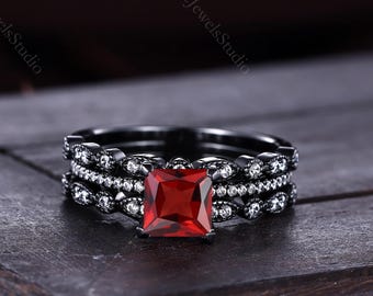 Garnet Bridal Ring Set, 14k Black Good Gothic Stack Ring, Princess Cut Birthstone Wedding Ring, Engagement Promise Ring for Women