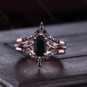 Hexagon Black Onyx Bridal Ring Set, Rose Gold Gothic Engagement Ring Black Spinel Stackable Wedding Band, Anniversary Promise Ring for Her