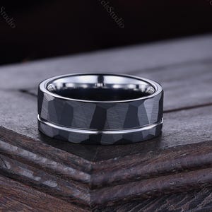 Black Tungsten Wedding Band With Silver Trim, Plain Black Engagement Ring for Men, Black and Silver Tungsten Ring Personalized Hammered Ring