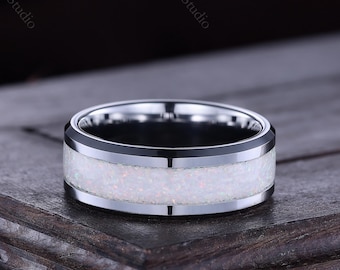 8mm Crushed White Fire Opal Tungsten Ring | Personalized Comfort Fit Wedding Band