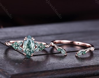 Conjuntos de anillos de compromiso de ágata musgosa marquesa en oro rosa, conjuntos nupciales art déco, anillo de promesa gótico con forma de hoja y anillo con racimo de piedras preciosas inspirado en la naturaleza.