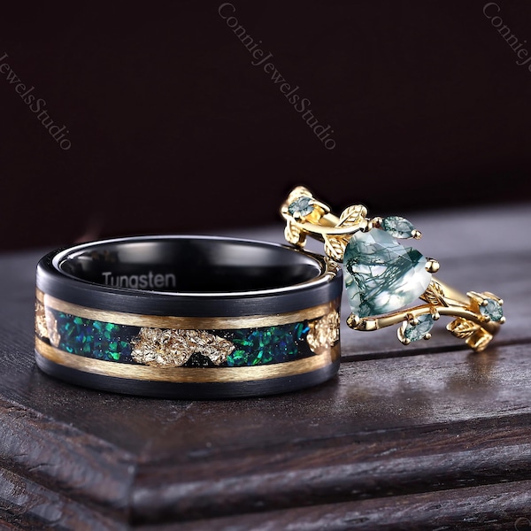 Conjunto de Anéis de Casal em Ágata Musgosa, Alianças de Casamento Combinando para Ele e para Ela, Anel de Noivado Exclusivo em Formato de Coração em Ágata Musgosa, Anel de Aniversário com Folha e Galho de Videira para Ela