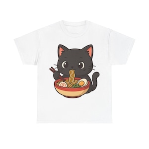 Carino, Gatto, Mangiare, Ramen, Unisex, Cotone, Maglietta, Maglietta, Kawaii, Animale, Divertente, Noodles, Cartone animato, Anime