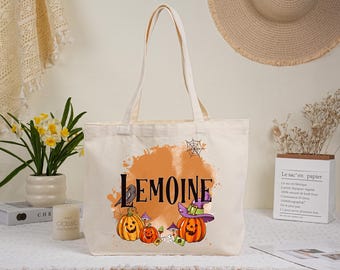 Custom Halloween Canvas Tote Bag,Personalized Trick-Or-Treat Bag,School Halloween Kids Gift,Trick or Treat Candy Bag, Canvas Tote Bag